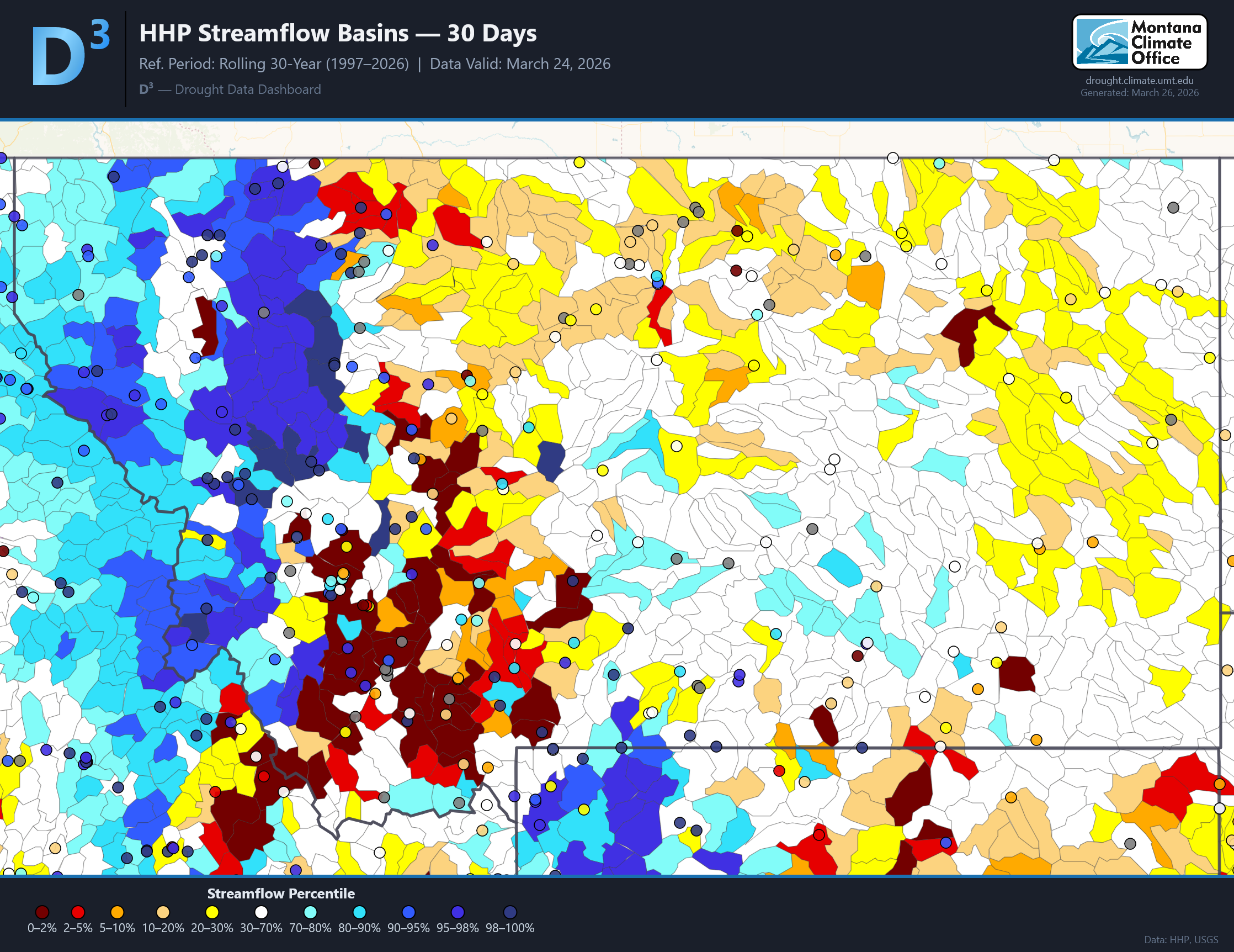 D3 HHP Streamflow Basins over the last 30 days in Montana.